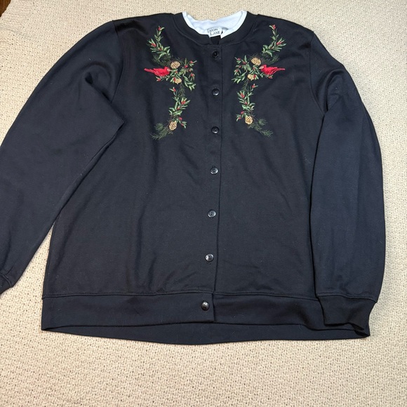 Sweaters - Vintage Christmas Cardinal Embroidered Black Snap-Up Sweatshirt